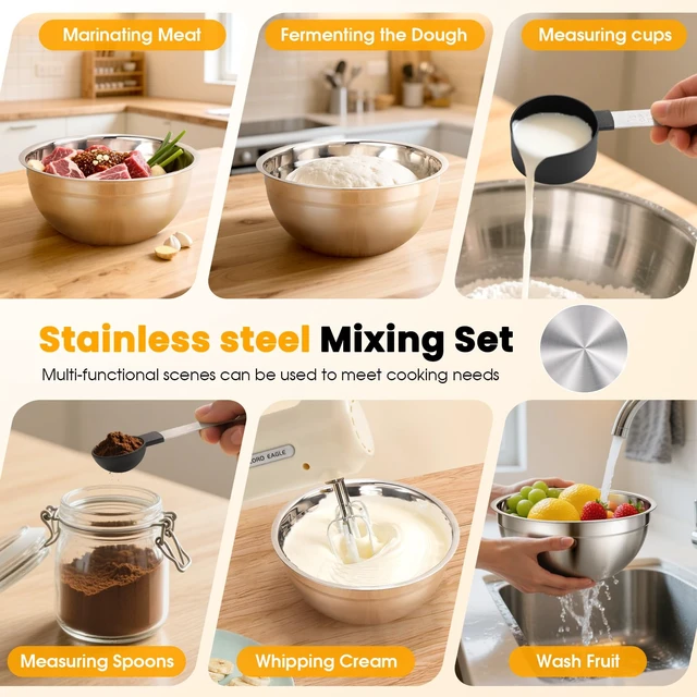 Alt view image 4 of 7 - 5-Speed Hand Mixer Electric With 4 Mixing Bowls Set | 300W Lightweight Kitchen Handheld Mixer with Measuring Cups & Spoons, Stainless Steel Bowls, Baking Supplies for Cake, Cream