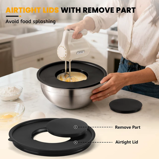 Alt view image 5 of 7 - 5-Speed Hand Mixer Electric With 4 Mixing Bowls Set | 300W Lightweight Kitchen Handheld Mixer with Measuring Cups & Spoons, Stainless Steel Bowls, Baking Supplies for Cake, Cream