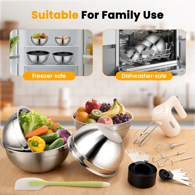 Alt view image 3 of 7 - 5-Speed Hand Mixer Electric With 4 Mixing Bowls Set | 300W Lightweight Kitchen Handheld Mixer with Measuring Cups & Spoons, Stainless Steel Bowls, Baking Supplies for Cake, Cream