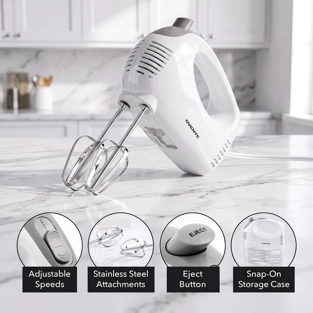 Alt view image 2 of 7 - 5-Speed Electric Hand Mixer with Storage Case,150W, White HM151W | Stainless Steel Whisks, Compact Portable Design, Lightweight Handheld Mixer for Baking & Cooking