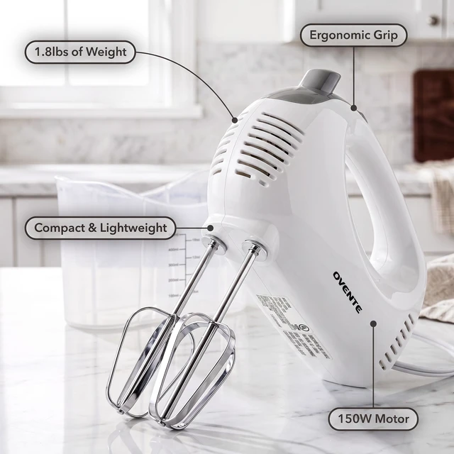Alt view image 3 of 7 - 5-Speed Electric Hand Mixer with Storage Case,150W, White HM151W | Stainless Steel Whisks, Compact Portable Design, Lightweight Handheld Mixer for Baking & Cooking