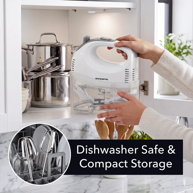 Alt view image 7 of 7 - 5-Speed Electric Hand Mixer with Storage Case,150W, White HM151W | Stainless Steel Whisks, Compact Portable Design, Lightweight Handheld Mixer for Baking & Cooking