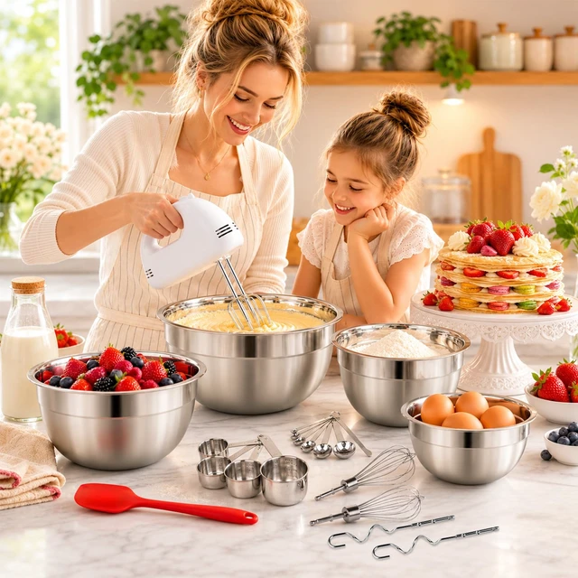 Alt view image 2 of 7 - 5-Speed Electric Hand Mixer, 4 Large Mixing Bowls Set, Handheld Mixers with Whisks Beater, Stainless Steel Metal Nesting Bowl Measuring Cups Spoons Kitchen Cake Blender for Baking Supplies