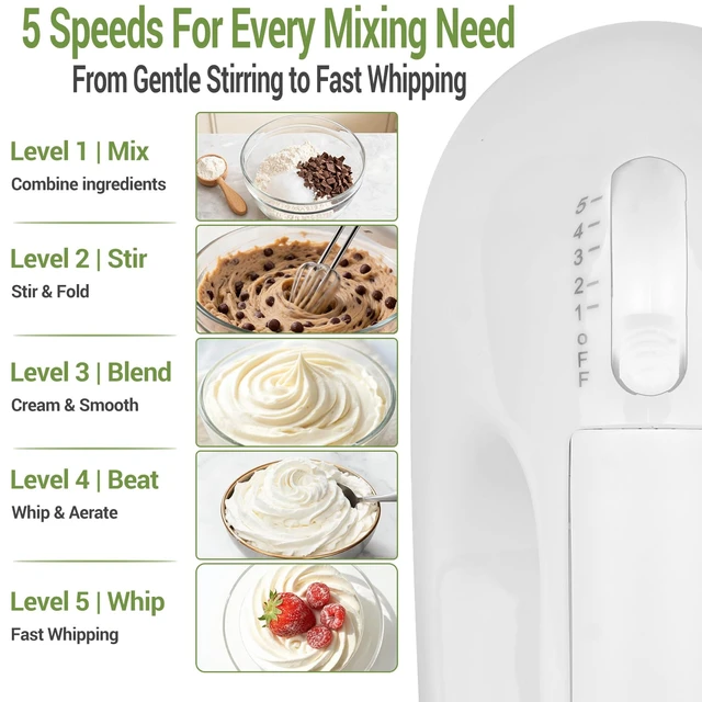 Alt view image 5 of 7 - 5-Speed Electric Hand Mixer, 4 Large Mixing Bowls Set, Handheld Mixers with Whisks Beater, Stainless Steel Metal Nesting Bowl Measuring Cups Spoons Kitchen Cake Blender for Baking Supplies