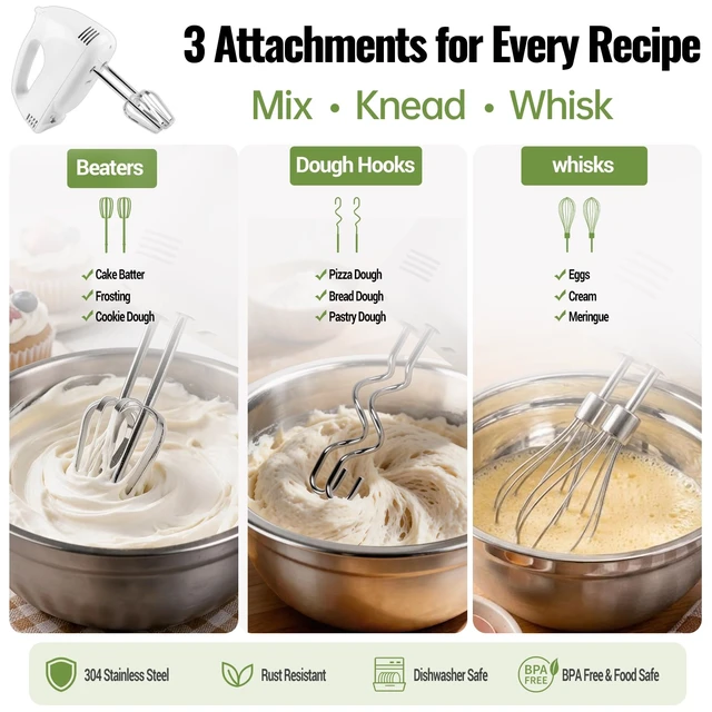 Alt view image 4 of 7 - 5-Speed Electric Hand Mixer, 4 Large Mixing Bowls Set, Handheld Mixers with Whisks Beater, Stainless Steel Metal Nesting Bowl Measuring Cups Spoons Kitchen Cake Blender for Baking Supplies