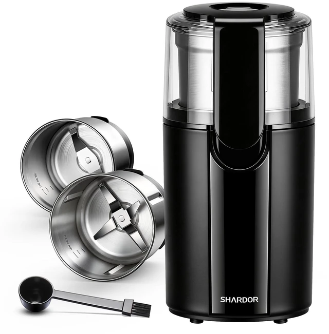 Main image of Electric Coffee Grinder, 2.5 oz Blade, 2 Bowls, Black | Two removable bowls, dry 2-blade and wet 4-blade cups, 200W motor, scoop and brush