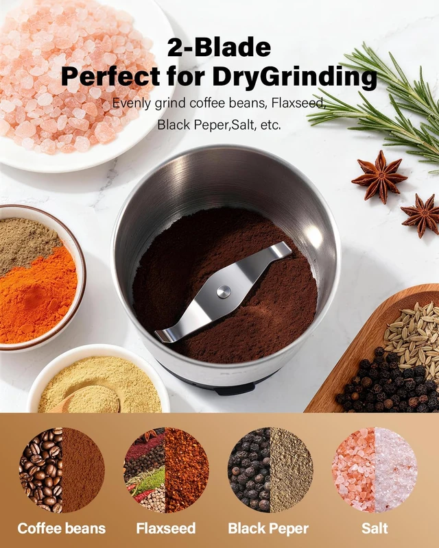 Alt view image 4 of 7 - Electric Coffee Grinder, 2.5 oz Blade, 2 Bowls, Black | Two removable bowls, dry 2-blade and wet 4-blade cups, 200W motor, scoop and brush