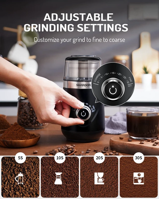 Alt view image 2 of 6 - Electric Super Silent Blade Coffee Grinder, Timed Grind Control Rotary Knob, Adjustable Coarse to Fine for Coffee Beans, Spices & Herbs, with 2 Removable Stainless Steel Bowls, Black