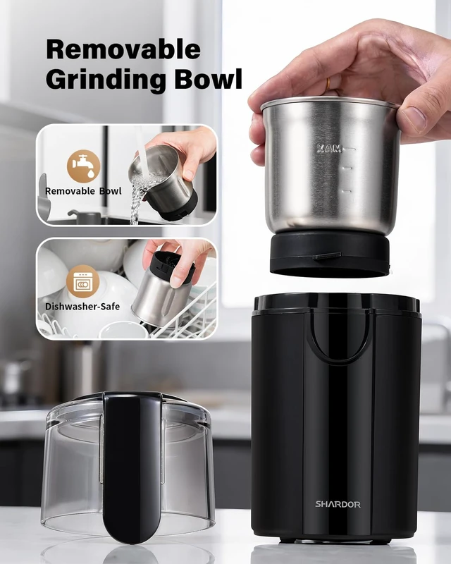 Alt view image 7 of 7 - Electric Coffee Grinder, 2.5 oz Blade, 2 Bowls, Black | Two removable bowls, dry 2-blade and wet 4-blade cups, 200W motor, scoop and brush