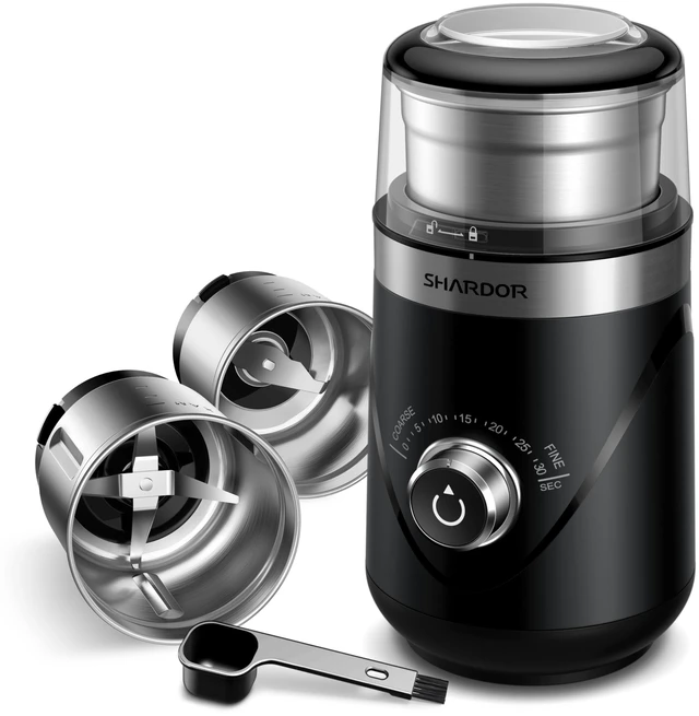 Main image of Electric Super Silent Blade Coffee Grinder, Timed Grind Control Rotary Knob, Adjustable Coarse to Fine for Coffee Beans, Spices & Herbs, with 2 Removable Stainless Steel Bowls, Black