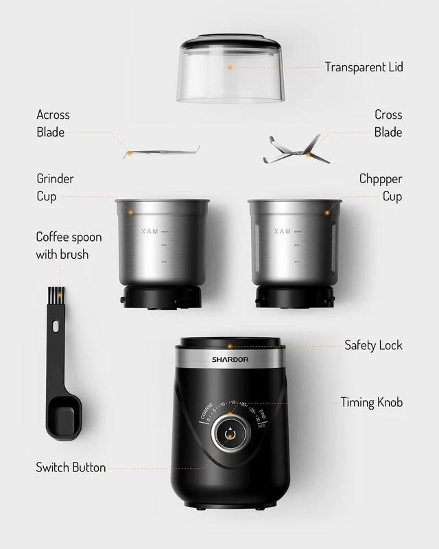 Alt view image 6 of 6 - Electric Super Silent Blade Coffee Grinder, Timed Grind Control Rotary Knob, Adjustable Coarse to Fine for Coffee Beans, Spices & Herbs, with 2 Removable Stainless Steel Bowls, Black