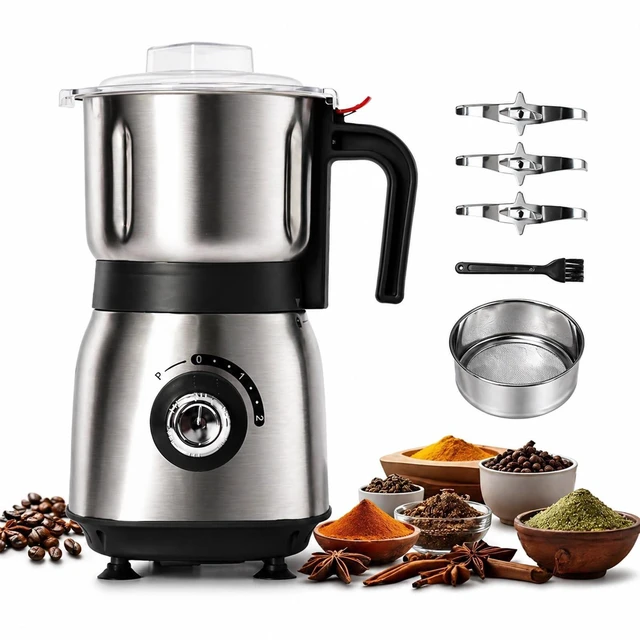 Main image of Electric Grinder for Kitchen, 500W Spice Grinder for Coffee & Grains | Features 3 stainless steel blades and a detachable bowl for spices, coffee, beans, grains, nuts, and herbs.