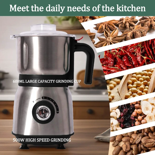 Alt view image 3 of 6 - Electric Grinder for Kitchen, 500W Spice Grinder for Coffee & Grains | Features 3 stainless steel blades and a detachable bowl for spices, coffee, beans, grains, nuts, and herbs.
