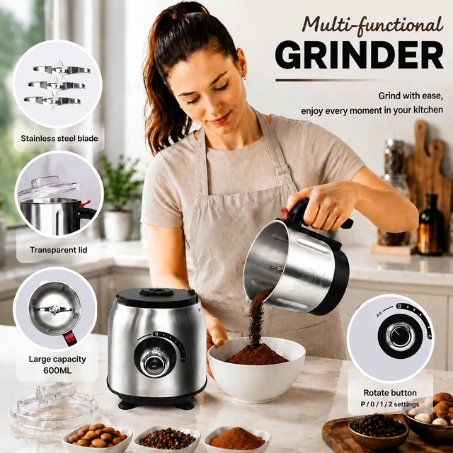 Alt view image 2 of 7 - Electric Spice,Coffee and Nut Grinders for Kitchen | 3 Stainless Steel Blades, 1 Filter, 1 Brush - 500W Grinder for Kitchen Dry Use