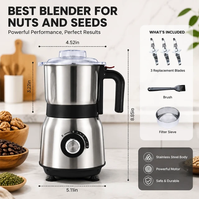 Alt view image 5 of 7 - Electric Spice,Coffee and Nut Grinders for Kitchen | 3 Stainless Steel Blades, 1 Filter, 1 Brush - 500W Grinder for Kitchen Dry Use