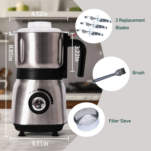 Alt view image 6 of 6 - Electric Grinder for Kitchen, 500W Spice Grinder for Coffee & Grains | Features 3 stainless steel blades and a detachable bowl for spices, coffee, beans, grains, nuts, and herbs.