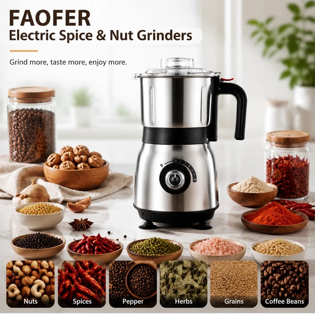 Alt view image 3 of 7 - Electric Spice,Coffee and Nut Grinders for Kitchen | 3 Stainless Steel Blades, 1 Filter, 1 Brush - 500W Grinder for Kitchen Dry Use