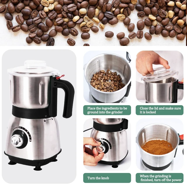 Alt view image 4 of 6 - Electric Grinder for Kitchen, 500W Spice Grinder for Coffee & Grains | Features 3 stainless steel blades and a detachable bowl for spices, coffee, beans, grains, nuts, and herbs.