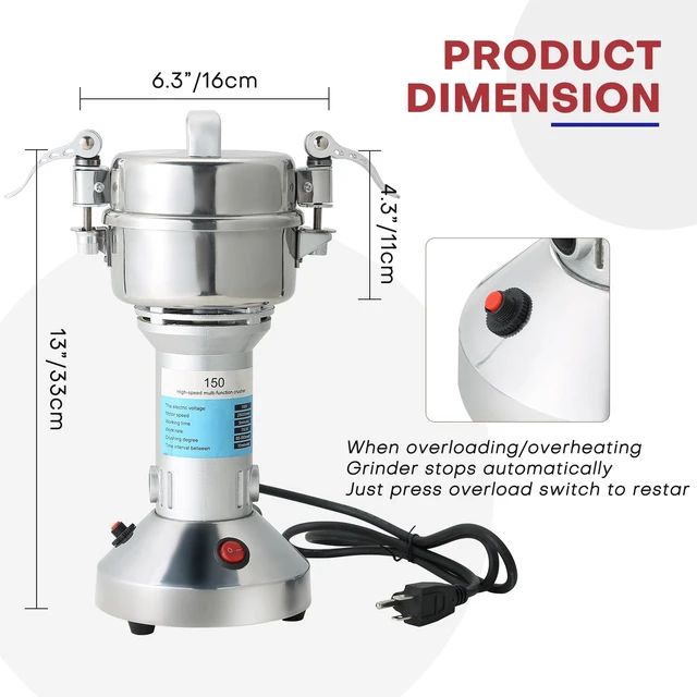 Alt view image 2 of 6 - High Speed 150g Electric Grain Mill Machine Spice Herb Grinder 750W | 70-300 Mesh 28000RPM Stainless Steel Commercial Grade for Kitchen Herb Spice Pepper Coffee