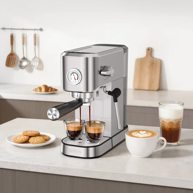 Alt view image 2 of 7 - Espresso Machine with Milk Frother for Cappuccino & Latte, Sliver | 20-Bar Pump, Built-in Pressure Gauge, Powerful Steam Wand, Milk Frothing Pitcher, 42 oz Removable Water Tank, Stainless Steel