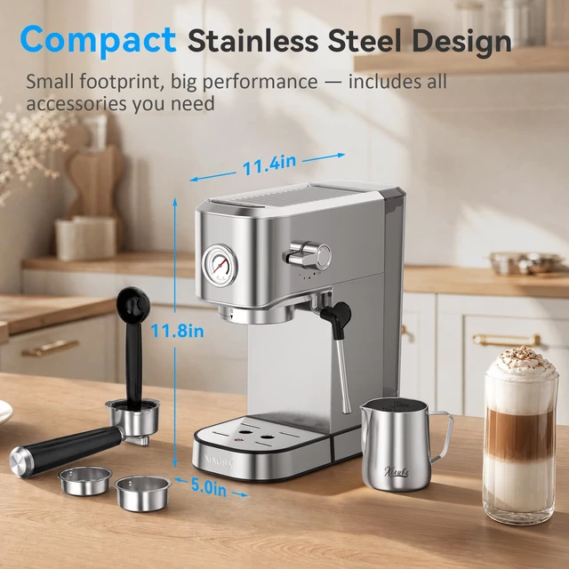 Alt view image 3 of 7 - Espresso Machine with Milk Frother for Cappuccino & Latte, Sliver | 20-Bar Pump, Built-in Pressure Gauge, Powerful Steam Wand, Milk Frothing Pitcher, 42 oz Removable Water Tank, Stainless Steel