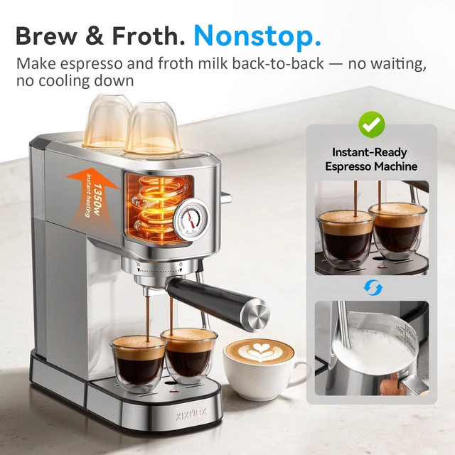 Alt view image 5 of 7 - Espresso Machine with Milk Frother for Cappuccino & Latte, Sliver | 20-Bar Pump, Built-in Pressure Gauge, Powerful Steam Wand, Milk Frothing Pitcher, 42 oz Removable Water Tank, Stainless Steel