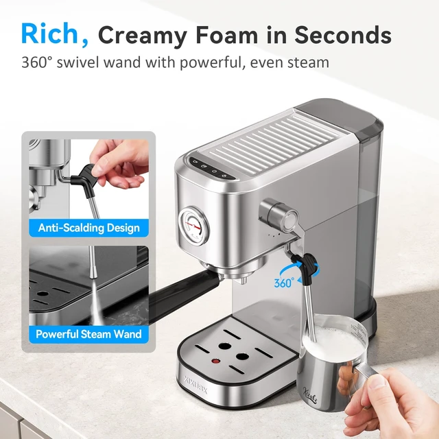 Alt view image 6 of 7 - Espresso Machine with Milk Frother for Cappuccino & Latte, Sliver | 20-Bar Pump, Built-in Pressure Gauge, Powerful Steam Wand, Milk Frothing Pitcher, 42 oz Removable Water Tank, Stainless Steel