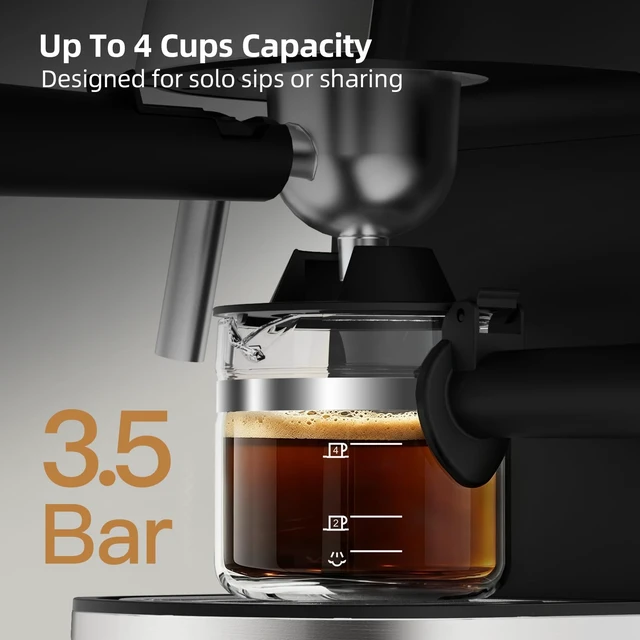 Alt view image 3 of 7 - 3.5Bar Espreeso Machine 4-Cup Compact Coffee Maker 800W Black | Beginner-friendly Espresso Maker with Milk Frother, Fast Brewing, Easy Operation for Home Espresso, Latte and Cappuccino