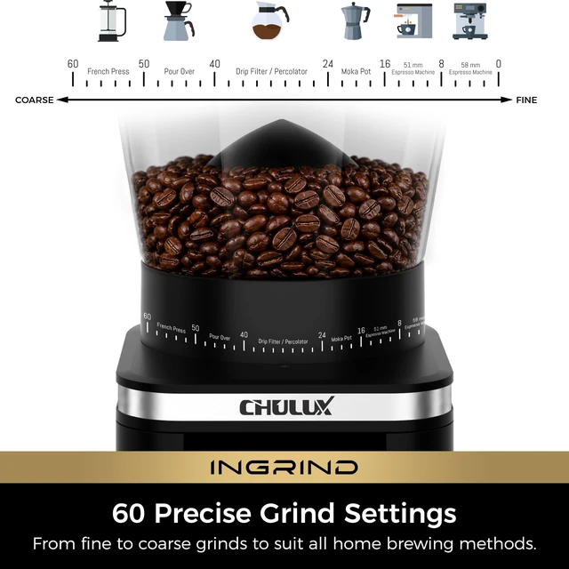 Alt view image 3 of 7 - InGrind Conical Burr Electric Coffee Grinder with 60 Grind Settings | Professional Anti-Static Module, 3 Smart Grind Modes, One-Touch Grinding for Espresso Moka Drip, Stainless Steel Conical Burr