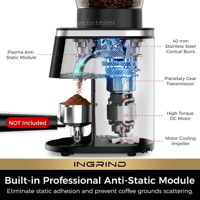 Alt view image 4 of 7 - InGrind Conical Burr Electric Coffee Grinder with 60 Grind Settings | Professional Anti-Static Module, 3 Smart Grind Modes, One-Touch Grinding for Espresso Moka Drip, Stainless Steel Conical Burr
