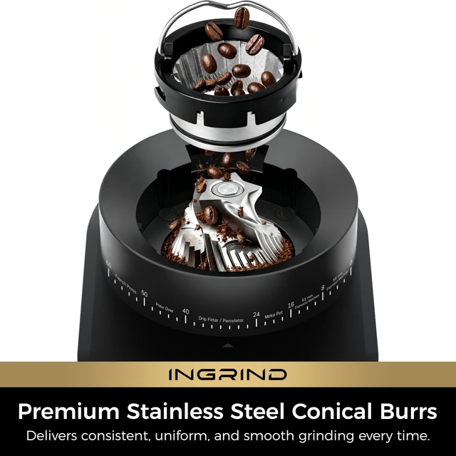 Alt view image 5 of 7 - InGrind Conical Burr Electric Coffee Grinder with 60 Grind Settings | Professional Anti-Static Module, 3 Smart Grind Modes, One-Touch Grinding for Espresso Moka Drip, Stainless Steel Conical Burr