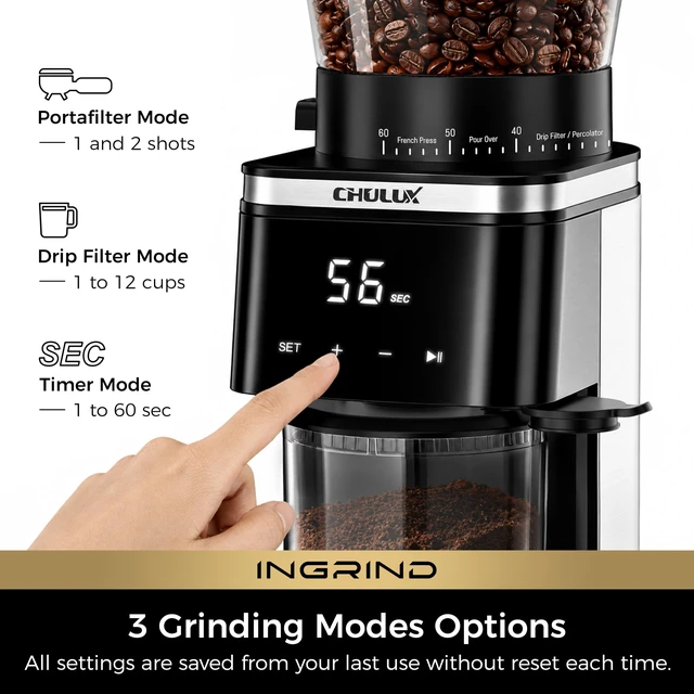 Alt view image 2 of 7 - InGrind Conical Burr Electric Coffee Grinder with 60 Grind Settings | Professional Anti-Static Module, 3 Smart Grind Modes, One-Touch Grinding for Espresso Moka Drip, Stainless Steel Conical Burr