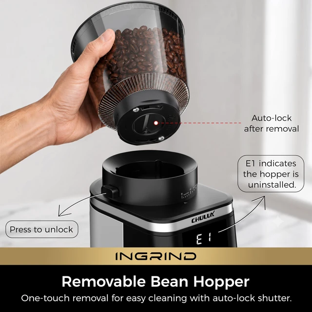 Alt view image 6 of 7 - InGrind Conical Burr Electric Coffee Grinder with 60 Grind Settings | Professional Anti-Static Module, 3 Smart Grind Modes, One-Touch Grinding for Espresso Moka Drip, Stainless Steel Conical Burr