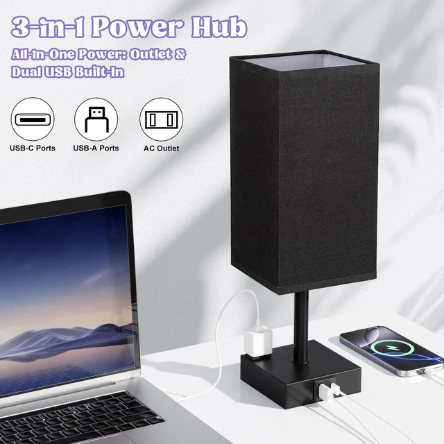 Alt view image 3 of 7 - Black Bedside Table Lamp for Bedroom - Dimmable Touch, USB C+A, AC Outlet | 3-Way Dimming, 5000K Daylight Bulb Included, Nightstand Lamp with Square Linen Shade, Small Room Decor for Men, Boys, Desk