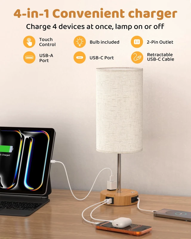 Alt view image 3 of 7 - 17.7" Touch Bedside Table Lamp for Bedroom,USB A+C, USB C Retractable Cable 3 Way Dimmable Touch, LED Bulb Included, AC Outlet, Phone Stand, Flaxen Fabric Shade for Nightstand Desk Living Room Nursery