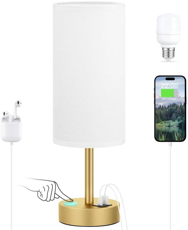Main image of Bedside Table Lamp for Bedroom - 3-Way Dimmable Touch Lamp, USB A+C | LED Bulb Included, 14" Small Nightstand Lamp for Desk, Living Room, Guest Room, White Fabric Lampshade, Gold Metal Base