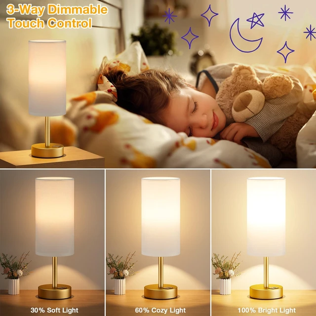 Alt view image 2 of 7 - Bedside Table Lamp for Bedroom - 3-Way Dimmable Touch Lamp, USB A+C | LED Bulb Included, 14" Small Nightstand Lamp for Desk, Living Room, Guest Room, White Fabric Lampshade, Gold Metal Base