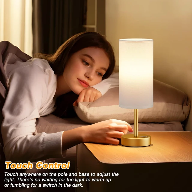 Alt view image 3 of 7 - Bedside Table Lamp for Bedroom - 3-Way Dimmable Touch Lamp, USB A+C | LED Bulb Included, 14" Small Nightstand Lamp for Desk, Living Room, Guest Room, White Fabric Lampshade, Gold Metal Base