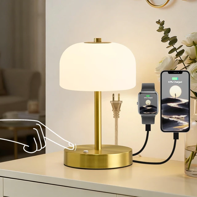 Main image of 9" Corded Touch Control Gold Table Lamp with USB A+C Charging Ports, Dimmable LED Bedside Lamp with 3 Color Temperatures, Small Modern Table Lamps for Bedroom Nightstand Living Room