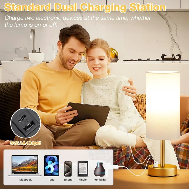Alt view image 4 of 7 - Bedside Table Lamp for Bedroom - 3-Way Dimmable Touch Lamp, USB A+C | LED Bulb Included, 14" Small Nightstand Lamp for Desk, Living Room, Guest Room, White Fabric Lampshade, Gold Metal Base
