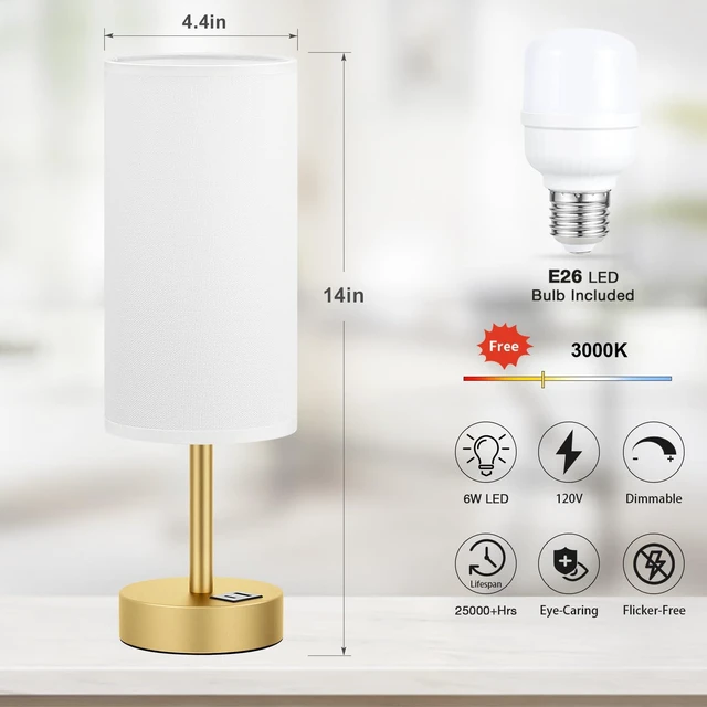 Alt view image 5 of 7 - Bedside Table Lamp for Bedroom - 3-Way Dimmable Touch Lamp, USB A+C | LED Bulb Included, 14" Small Nightstand Lamp for Desk, Living Room, Guest Room, White Fabric Lampshade, Gold Metal Base