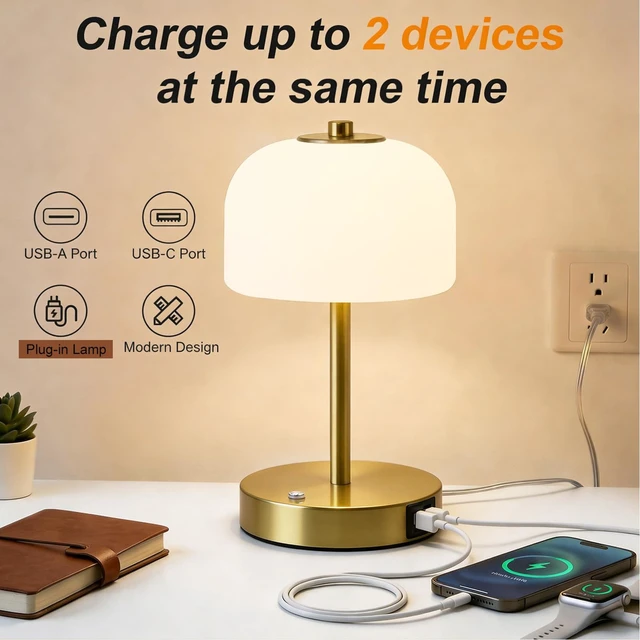 Alt view image 4 of 7 - 9" Corded Touch Control Gold Table Lamp with USB A+C Charging Ports, Dimmable LED Bedside Lamp with 3 Color Temperatures, Small Modern Table Lamps for Bedroom Nightstand Living Room