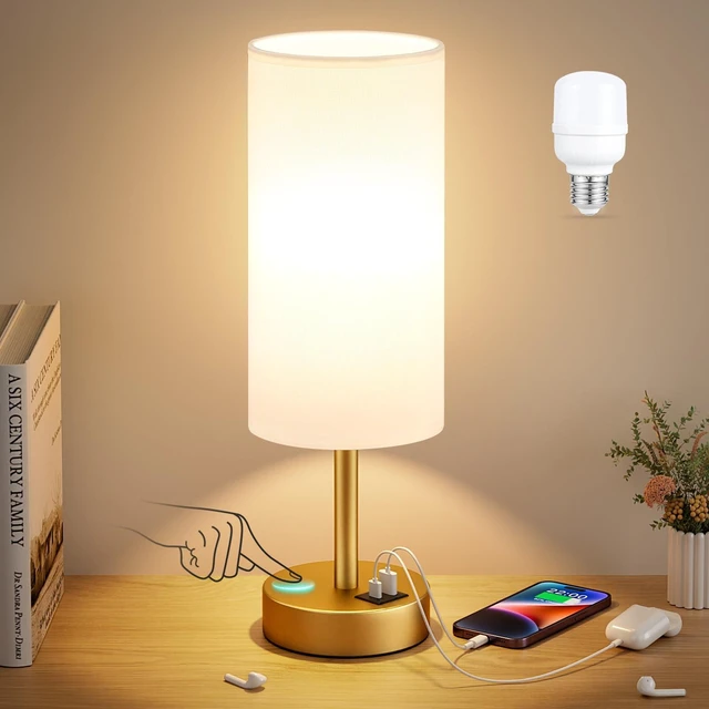 Alt view image 7 of 7 - Bedside Table Lamp for Bedroom - 3-Way Dimmable Touch Lamp, USB A+C | LED Bulb Included, 14" Small Nightstand Lamp for Desk, Living Room, Guest Room, White Fabric Lampshade, Gold Metal Base