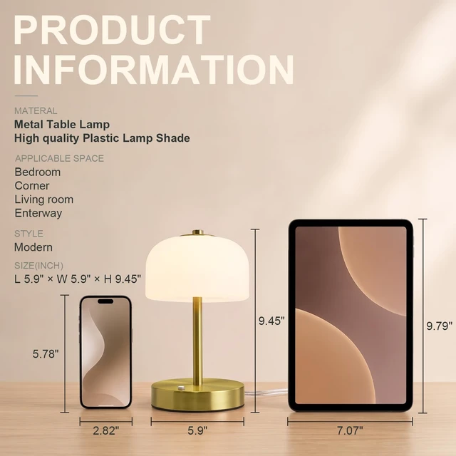 Alt view image 6 of 7 - 9" Corded Touch Control Gold Table Lamp with USB A+C Charging Ports, Dimmable LED Bedside Lamp with 3 Color Temperatures, Small Modern Table Lamps for Bedroom Nightstand Living Room