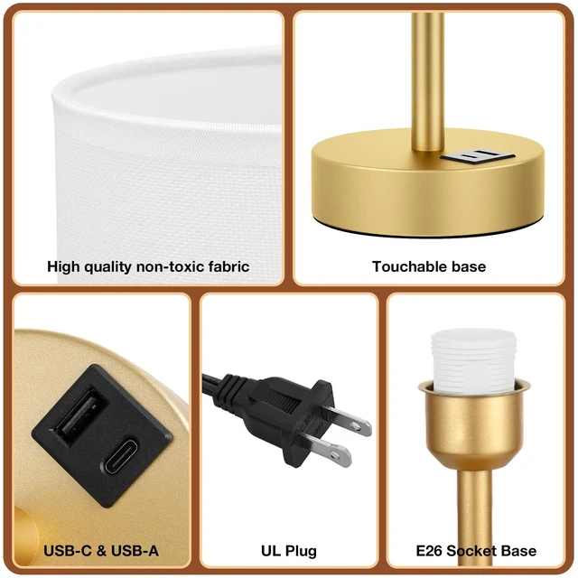 Alt view image 6 of 7 - Bedside Table Lamp for Bedroom - 3-Way Dimmable Touch Lamp, USB A+C | LED Bulb Included, 14" Small Nightstand Lamp for Desk, Living Room, Guest Room, White Fabric Lampshade, Gold Metal Base