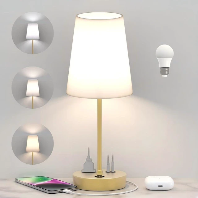 Main image of Bedroom Table Lamp, Bedside Lamp with AC Outlet and USB C Charging Ports(PD 20W), 3-Way Dimmable Lamp with Switch, Lamps with Shade for Night Stands, Living Room, Desk, and Home Office, 6.5Ft