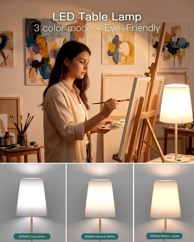 Alt view image 2 of 7 - Bedroom Table Lamp, Bedside Lamp with AC Outlet and USB C Charging Ports(PD 20W), 3-Way Dimmable Lamp with Switch, Lamps with Shade for Night Stands, Living Room, Desk, and Home Office, 6.5Ft