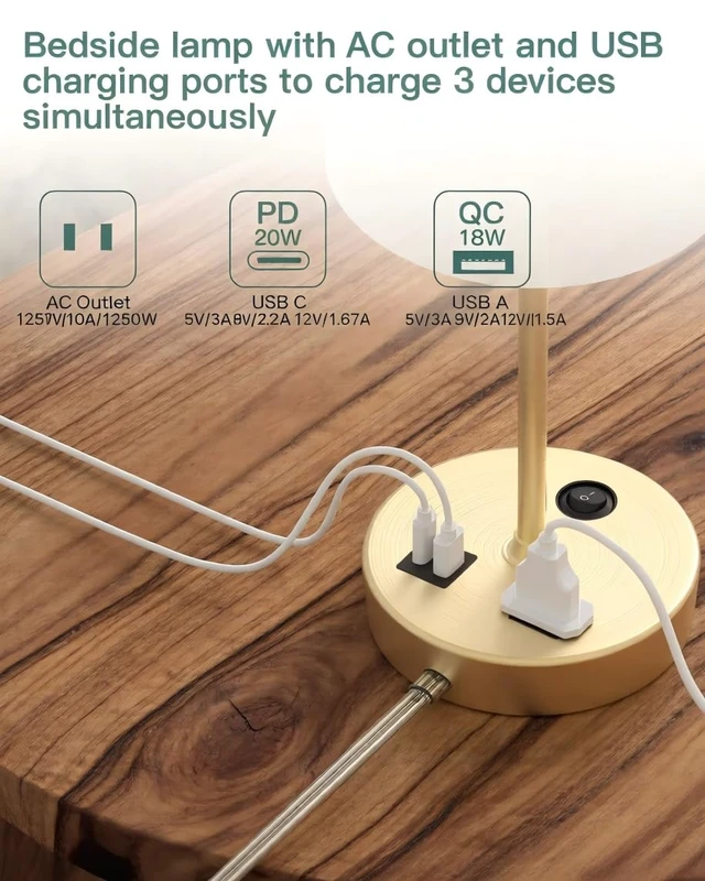 Alt view image 3 of 7 - Bedroom Table Lamp, Bedside Lamp with AC Outlet and USB C Charging Ports(PD 20W), 3-Way Dimmable Lamp with Switch, Lamps with Shade for Night Stands, Living Room, Desk, and Home Office, 6.5Ft