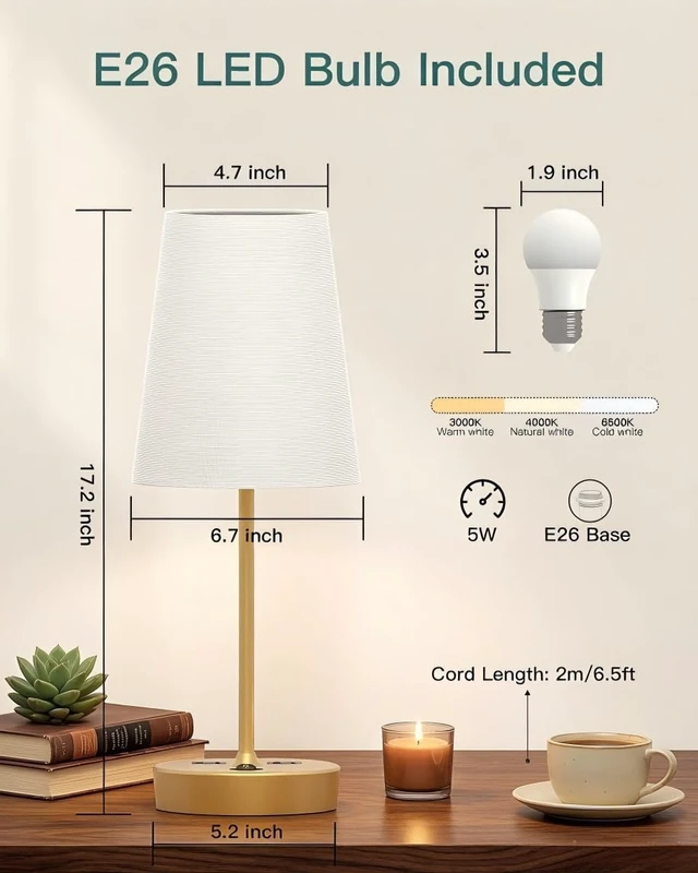 Alt view image 5 of 7 - Bedroom Table Lamp, Bedside Lamp with AC Outlet and USB C Charging Ports(PD 20W), 3-Way Dimmable Lamp with Switch, Lamps with Shade for Night Stands, Living Room, Desk, and Home Office, 6.5Ft