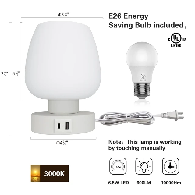 Alt view image 6 of 6 - Touch Bedside Table Lamp - Small Lamp for Bedroom with USB C+A Charging Ports 3 Way Dimmable, Nightstand Desk lamp with White Opal Glass Lamp Shade Warm LED Bulb Included, Simple Design Gifts
